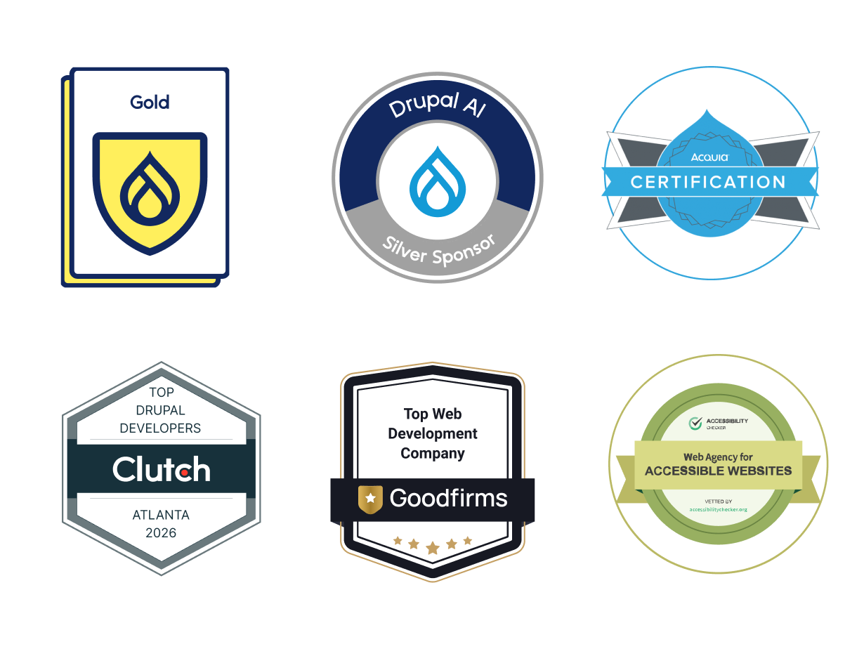 Specbee is Drupal Gold certified, Drupal AI Certified SIlver Sponsors, Acquia Cetified, Clutch top developers certified, GoodFirms certified, Accessibility certified